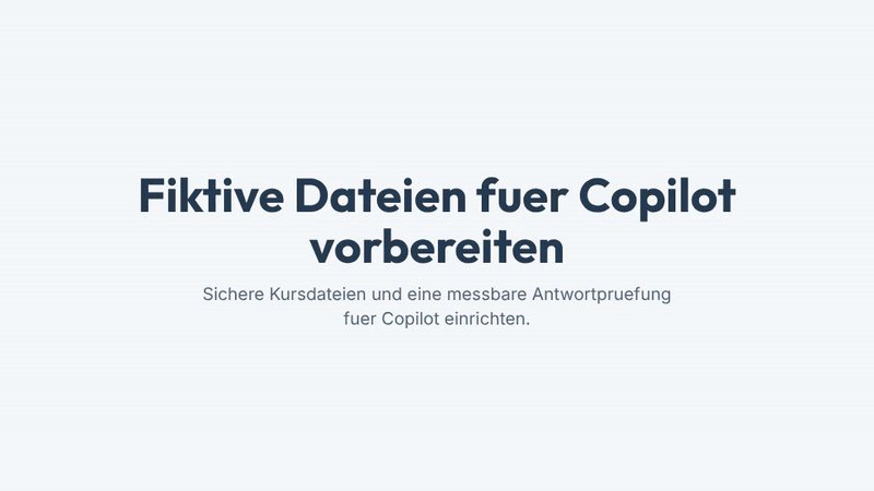 Eine Abfolge in vier Schritten zeigt, wie fiktive Kursdateien fuer Copilot vorbereitet werden: sensible Daten entfernen, Dateien als fiktiv kennzeichnen, bekannte Fehler einbauen und eine fehlerfreie Kontroll-Datei mit Loesungsschluessel behalten.