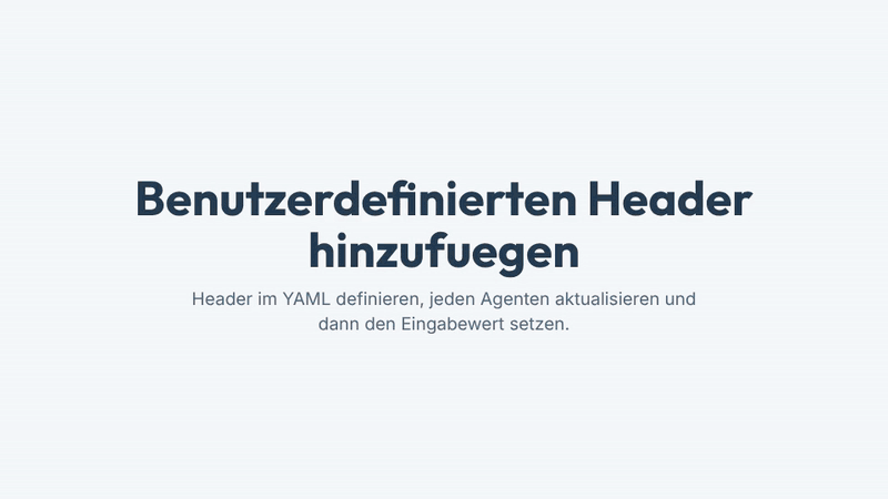 Eine Abfolge mit vier Schritten zeigt das Bearbeiten des OpenAPI-YAML unter dem POST-Endpunkt /mcp, das Aktualisieren des Connectors, das Entfernen und erneute Hinzufuegen in jedem Agenten und danach das Setzen des Header-Eingabewerts.