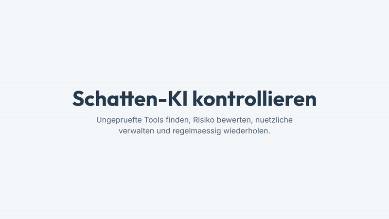 Ein Ablauf mit vier Schritten zeigt, wie Schatten-KI kontrolliert wird: Tools in Entra ID, Copilot Studio, SharePoint und Diensten finden, bewerten, genehmigen oder entfernen und die Suche regelmaessig wiederholen.