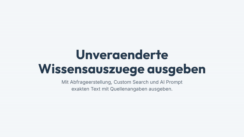 Ein 3 stufiger Ablauf in Copilot Studio schreibt die Benutzeranfrage mit Kontext neu, fuehrt Custom Search aus und sendet Resultate an einen AI Prompt fuer unveraenderte Auszuege mit Quellenangaben.