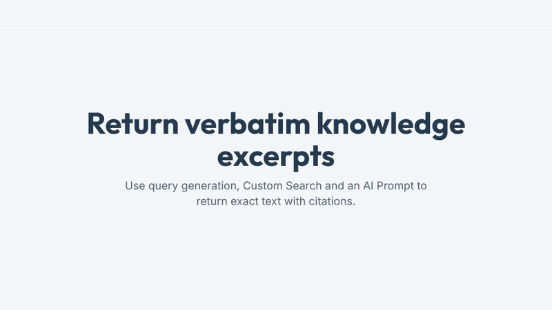 A 3 step Copilot Studio flow rewrites the user query with context, runs Custom Search, then sends results to an AI Prompt that returns verbatim excerpts with citations.