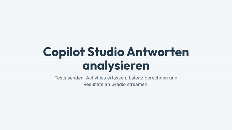 Ein Ablauf mit vier Schritten zeigt, wie das Response Analysis Tool Testeingaben an einen Copilot Studio Agenten sendet, Activities erfasst, Latenzstatistiken berechnet und Metriken sowie Planner-Daten an Gradio streamt.