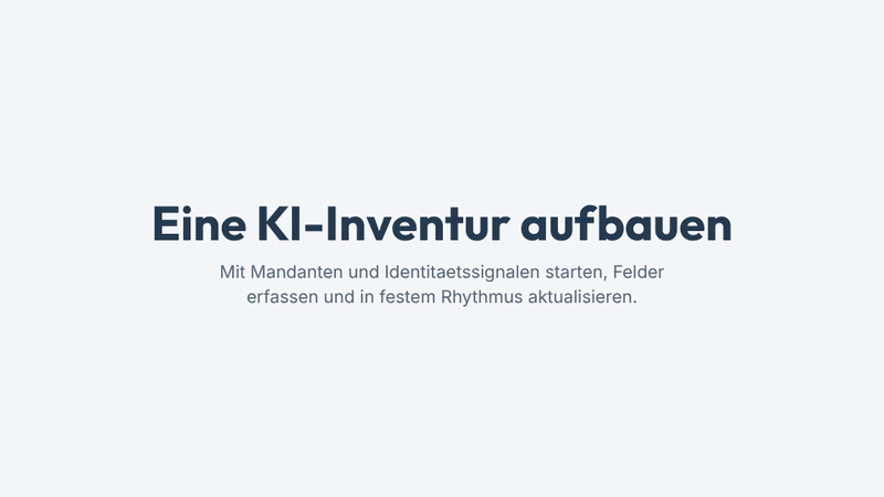 Ein Ablauf mit vier Schritten zeigt den Aufbau einer KI-Inventur: mit Microsoft 365 Copilot, Copilot Studio und SharePoint-Agenten beginnen, Entra ID-Apps und externe KI-Dienste ergaenzen, Felder erfassen und regelmaessig aktualisieren.