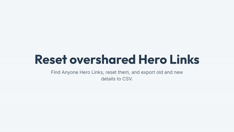 A four step flow shows a script checking items with unique permissions, finding Anyone main links, resetting the link, and exporting old and new details to CSV.