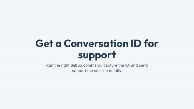 Sequence shows entering the debug command in chat, receiving the Conversation ID or debugging card, and sending the ID with location, time, and expected versus actual behaviour to support.