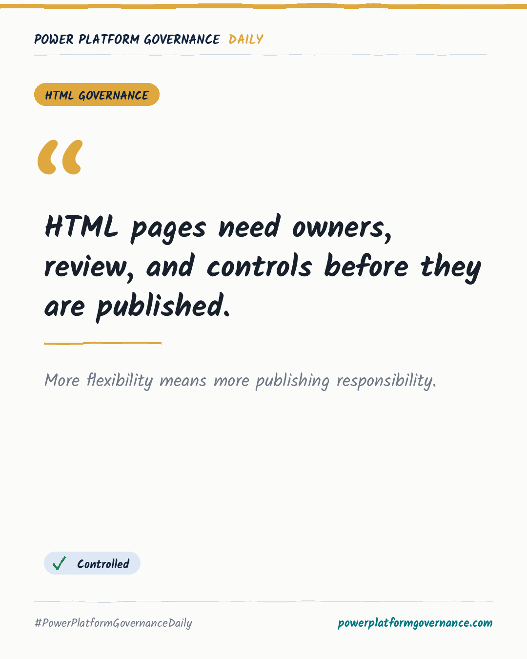 Governance-Karte: HTML pages need owners, review, and controls before they are published.