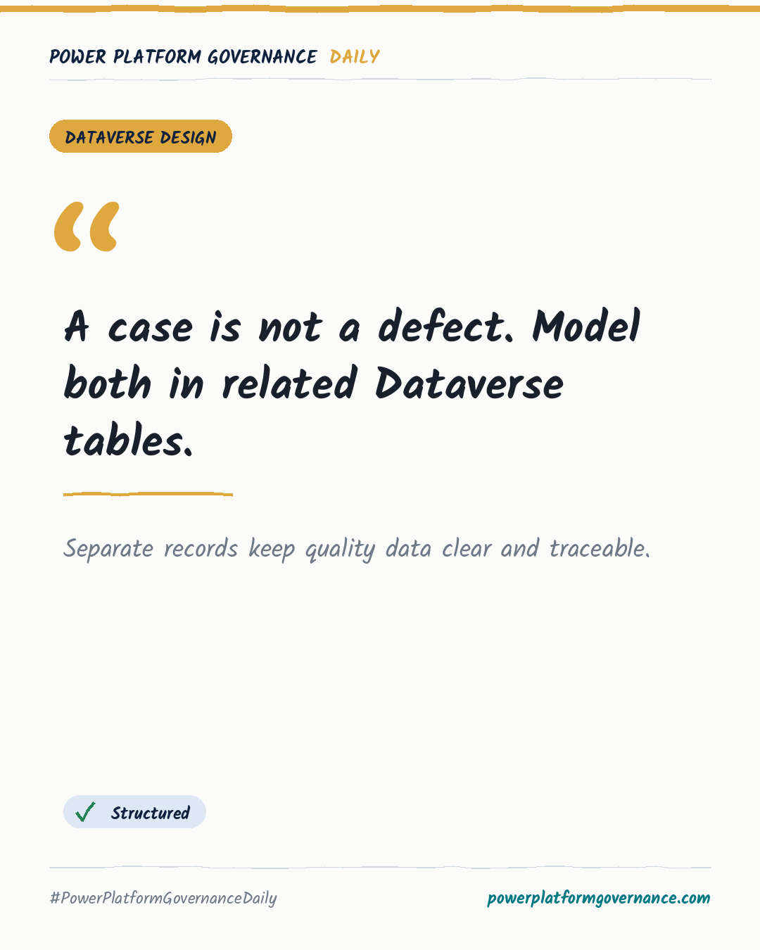 Governance-Karte: A case is not a defect. Model both in related Dataverse tables.