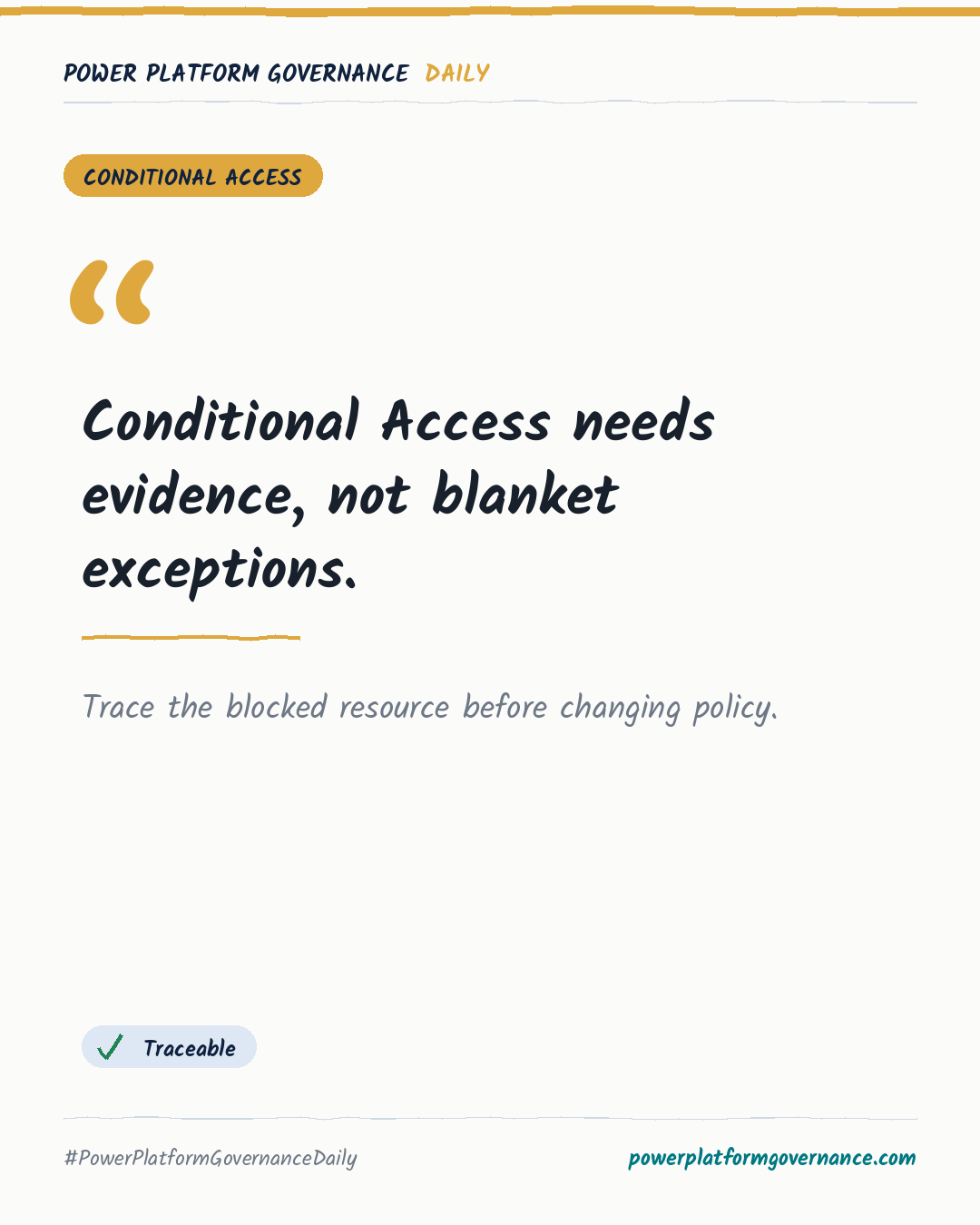 Governance-Karte: Conditional Access needs evidence, not blanket exceptions.
