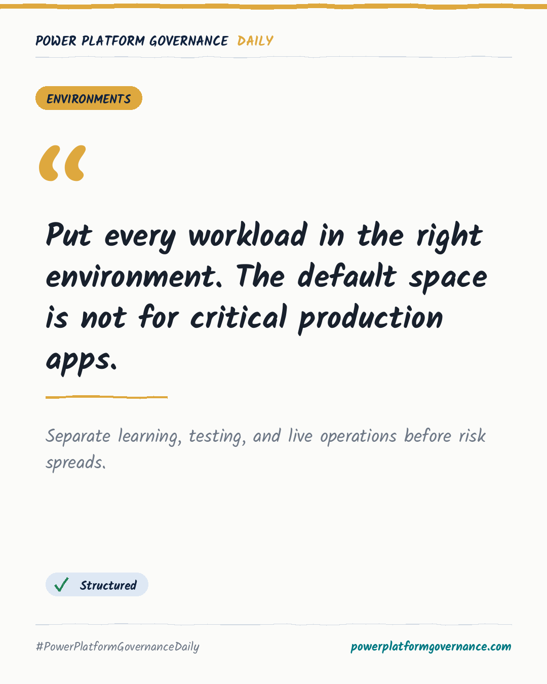 Governance card: Put every workload in the right environment. The default space is not for critical production apps.