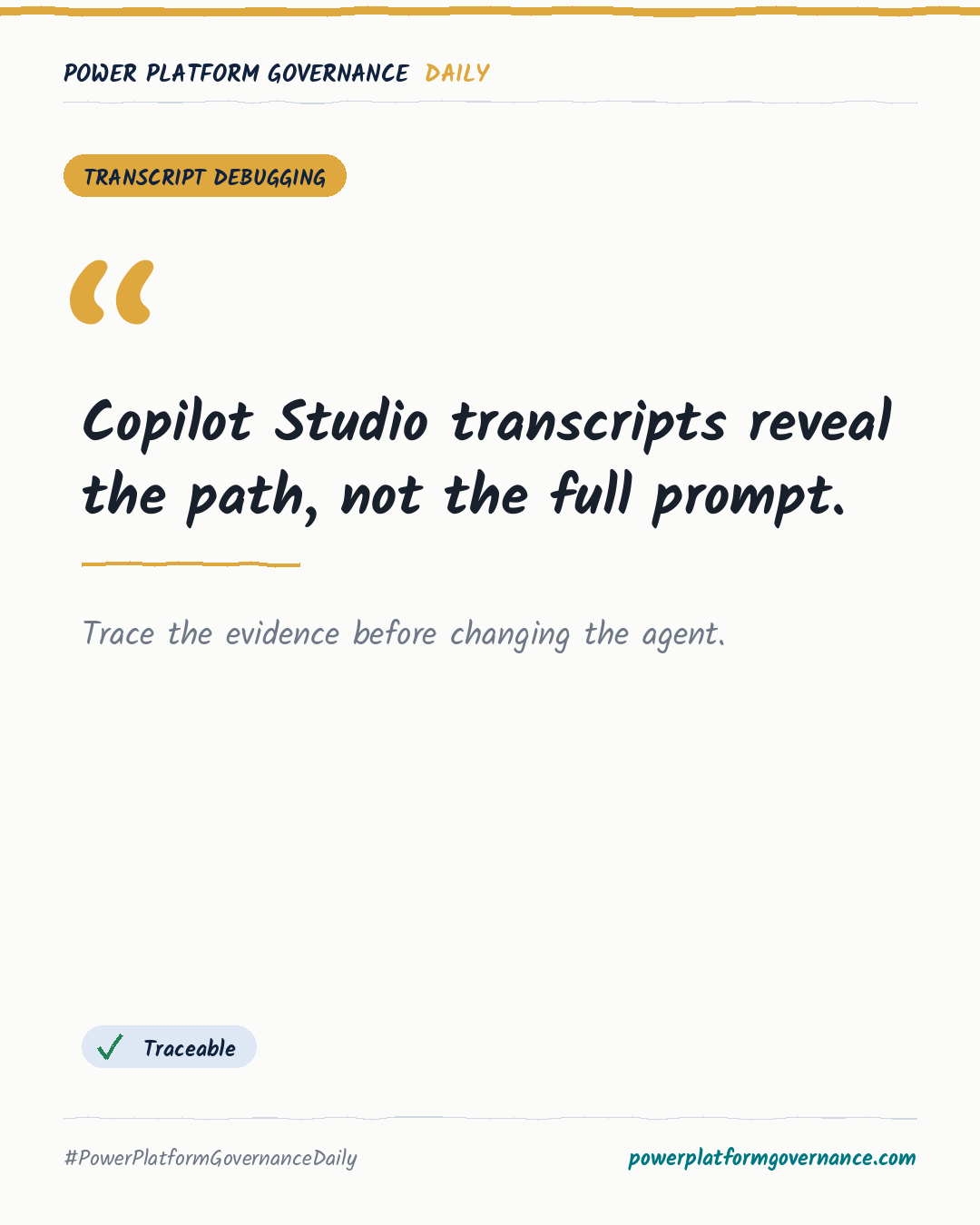 Governance-Karte: Copilot Studio transcripts reveal the path, not the full prompt.