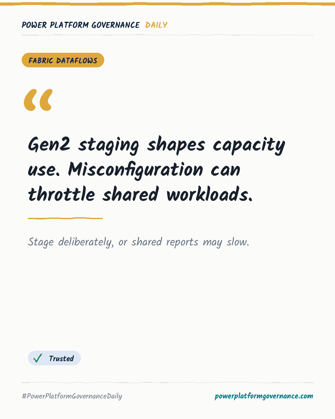 Governance-Karte: Gen2 staging shapes capacity use. Misconfiguration can throttle shared workloads.