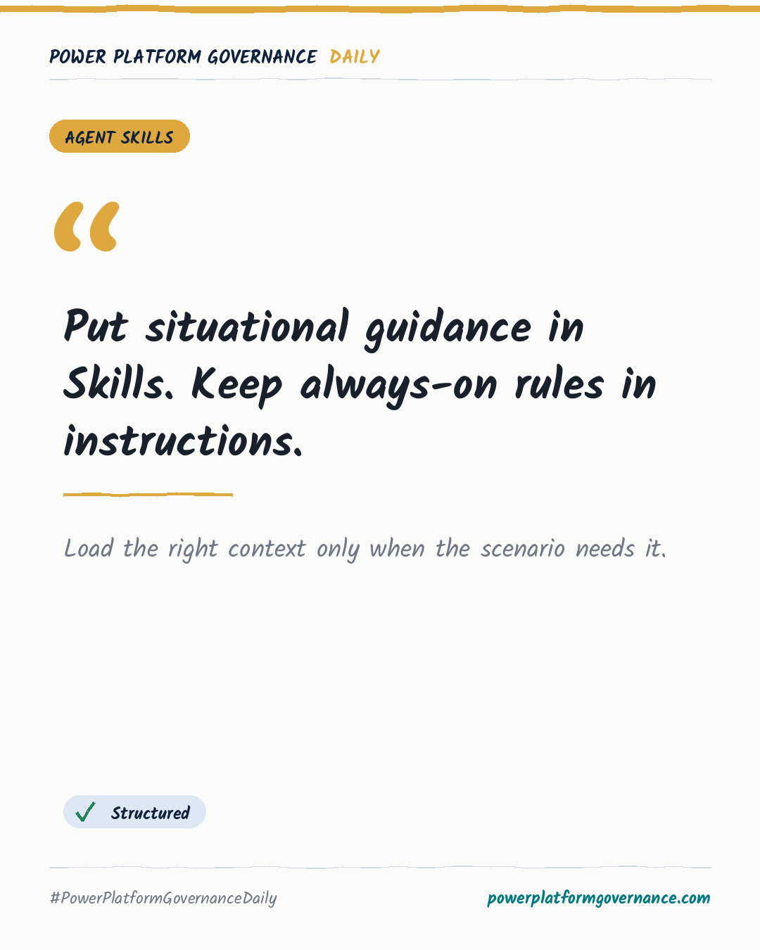 Governance-Karte: Put situational guidance in Skills. Keep always-on rules in instructions.