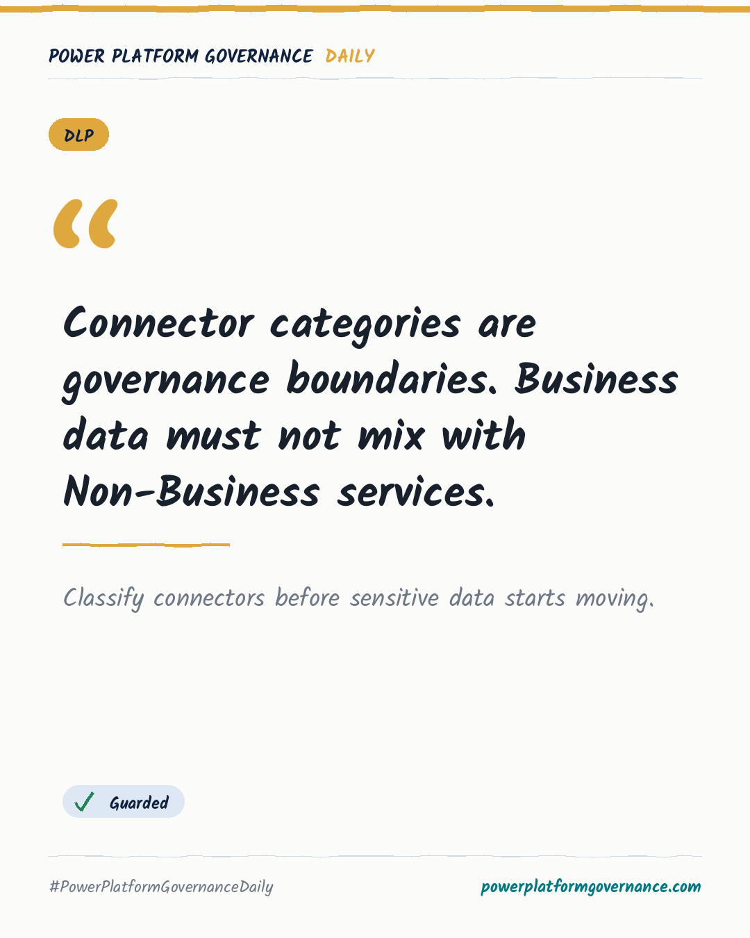 Governance-Karte: Connector categories are governance boundaries. Business data must not mix with Non-Business services.