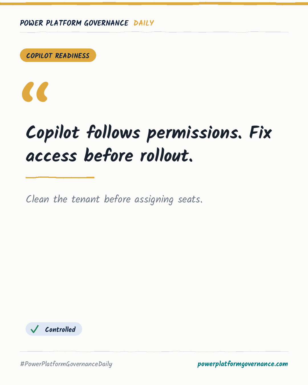 Governance-Karte: Copilot follows permissions. Fix access before rollout.